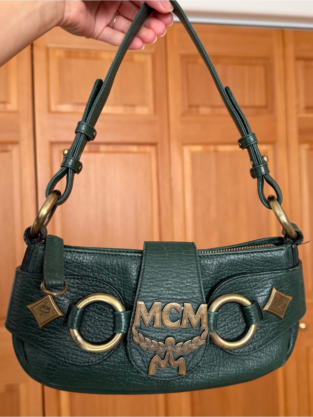 MCM Dark Green Leather Mini Shoulder Bag with Gold Hardware